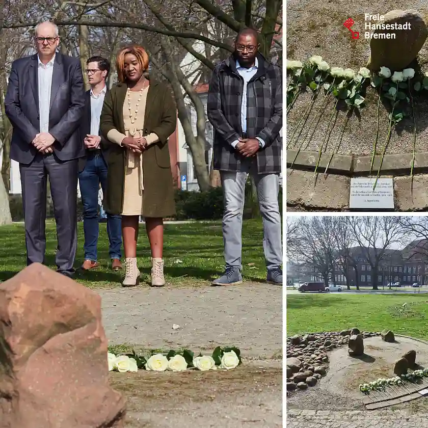 Bürgermeister Dr. Andreas Bovenschulte, Windhoeks Bürgermeisterin Sade Shireen Gawanas und Stadtrat Shafiishuna Sam Nujoma gedachten im Nelson-Mandela-Park der Opfer der Schlacht von Ohamakari und des Völkermords in Namibia 1904 bis 1908.