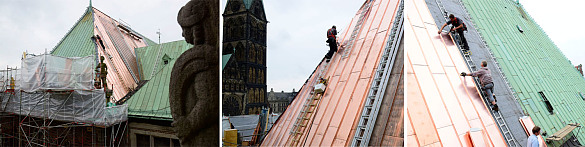 Nein, hier seht Iht nicht, wie das Rathaus vor 600 Jahren gebaut wurde. Hier bekommt das alte Rathaus 2016 ein neues Dach.