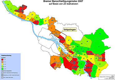 Karte des Bremer Benachteiligungsindex 2007 nach Ortsteilen