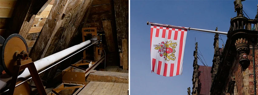 Links seht Ihr den Flaggenmast, wenn er im Dachboden ist. Rechts, wie er mit Flagge ausgefahren ist