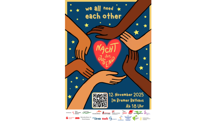 Das Plakat der Nacht der Jugend 2025 - we all need echt other - 12. November 2025 im Bremer Rathaus ab 18 Uhr