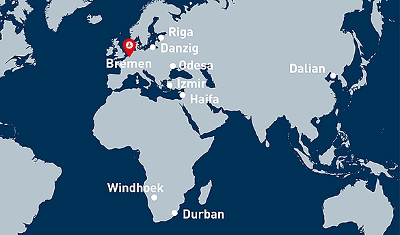 Weltkarte mit allen Städtepartnerschaften von Bremen